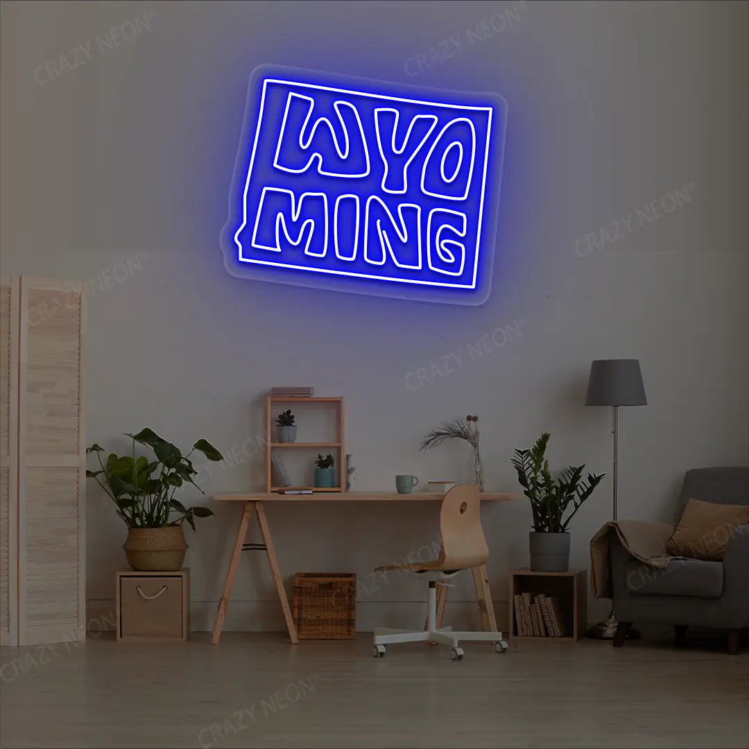 WYOMING Map Neon Sign lighting up in blue color in a room