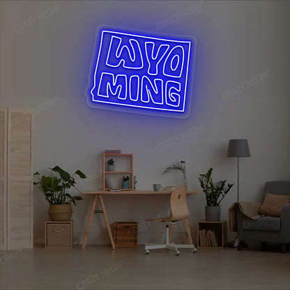 WYOMING Map Neon Sign lighting up in blue color in a room