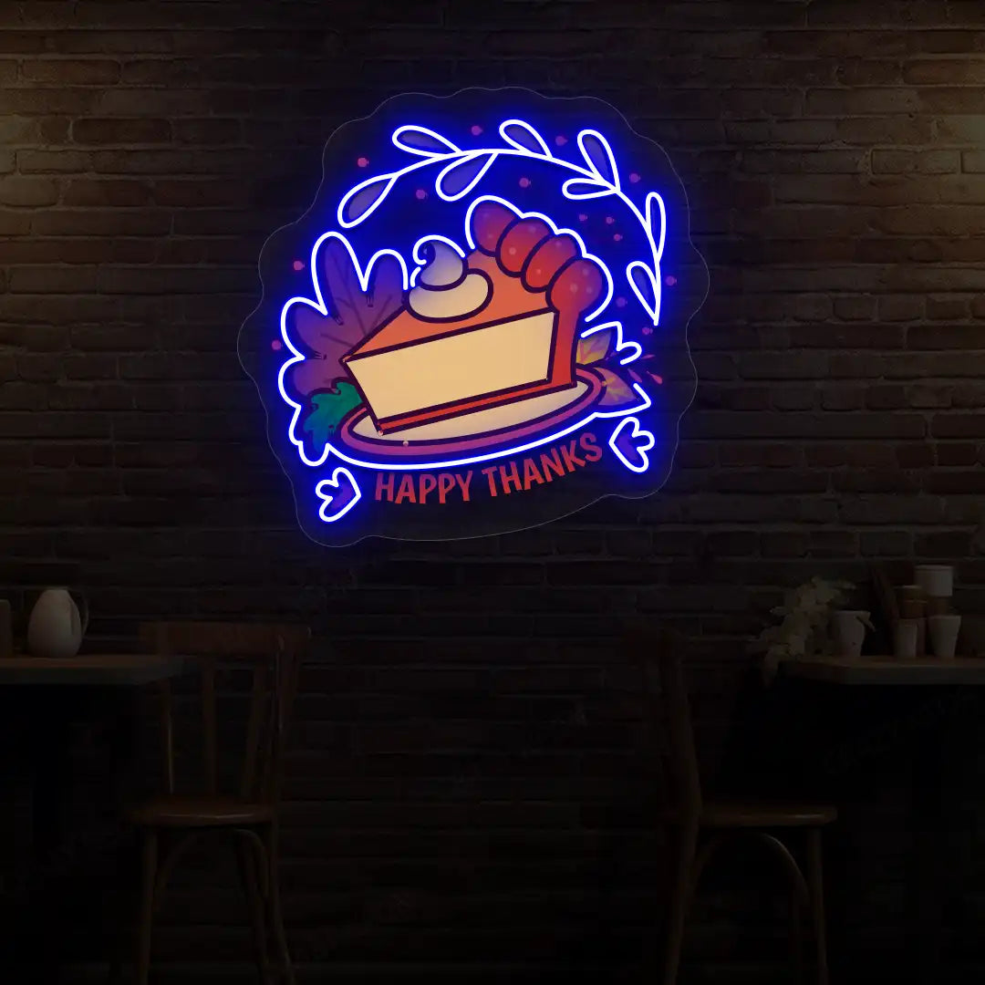 Whipped pumpkin pie happy thanks neon sign in blue