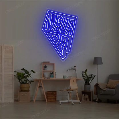 NEVADA Map Neon Sign lighting up in blue color in a room