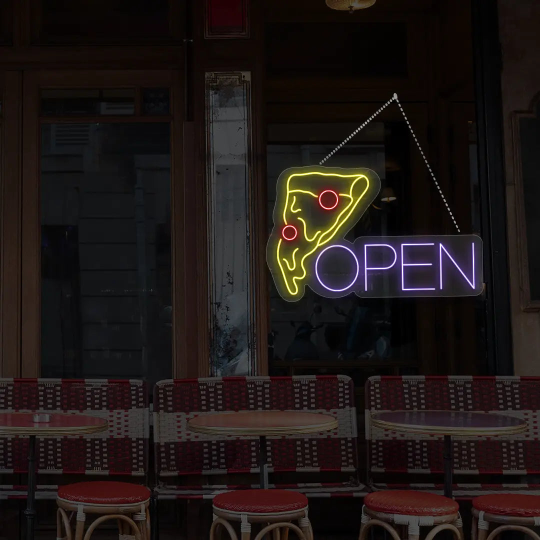 purple pizza open neon sign hanging on a window