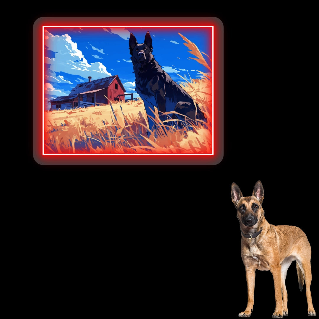Golden Field German Shepherd Farm Neon Artwork in Red Color