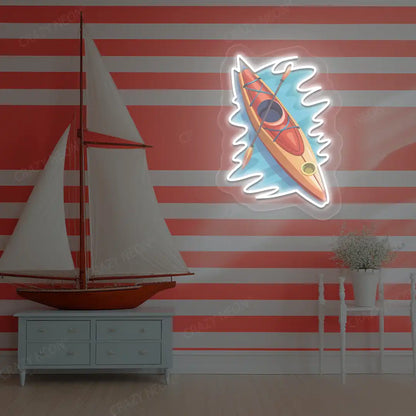 white floating kayak neon artwork mounted on a wall