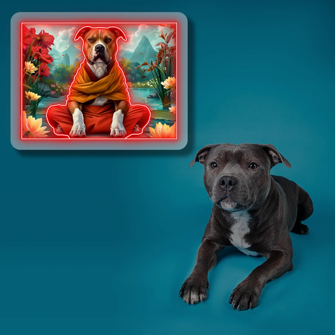 Peaceful Pitbull Monk Scenery Neon Artwork in Red color