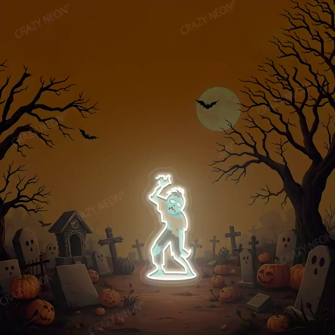 Graveyard Zombie Neon Artwork | White