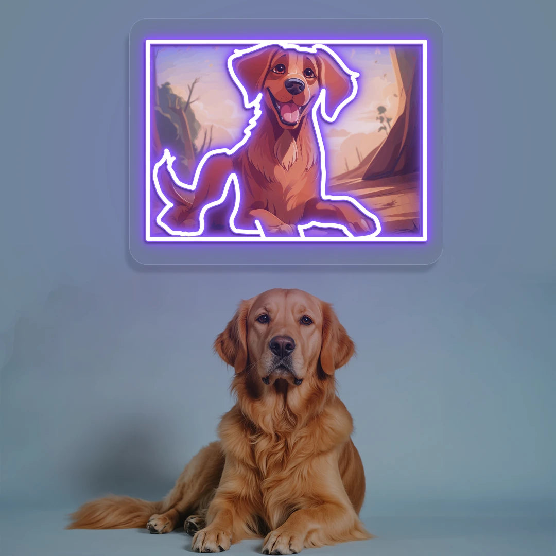 Golden Retriever Portrait Neon Artwork in purple color