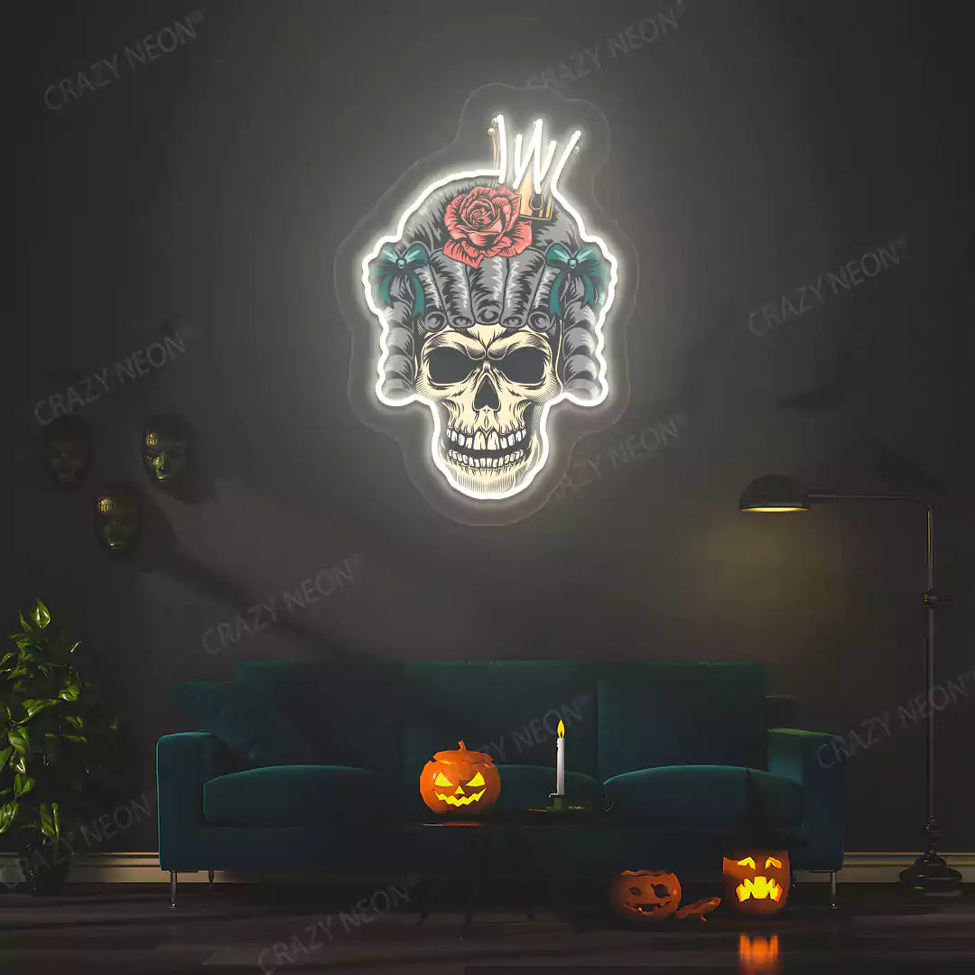 Rose Crown Skull Neon Artwork | White