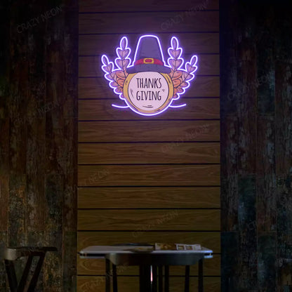 Pilgrim hat and wheat thanksgiving neon sign in purple