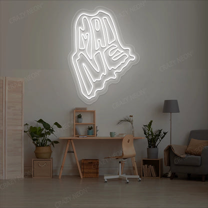 MAINE Map Neon Sign lighting up in white color in a room