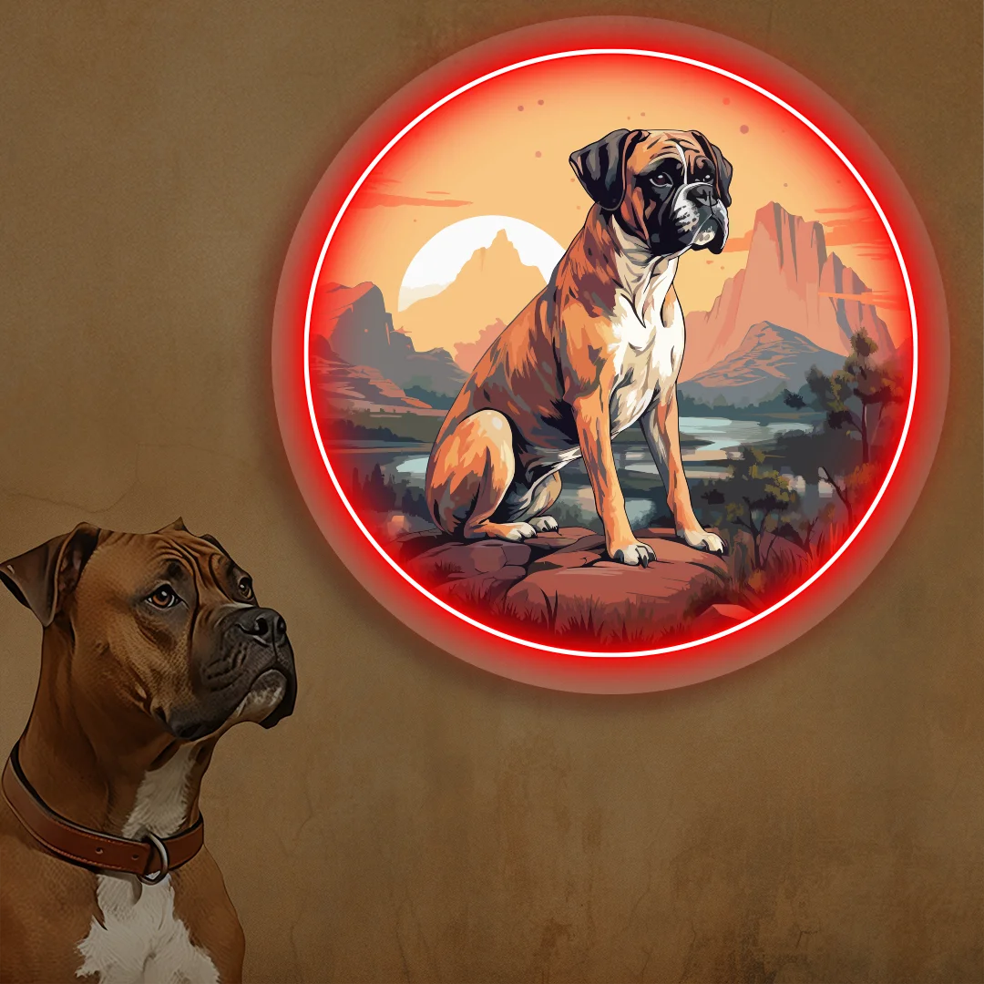 Desert Sunset Boxer Dog Neon Artwork in red Color