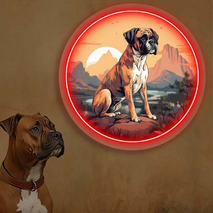 Desert Sunset Boxer Dog Neon Artwork in red Color