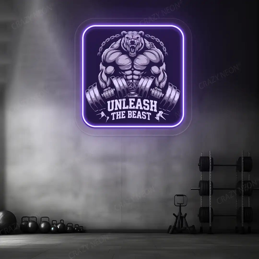 purple unleash the beast bear neon artwork mounted on a wall