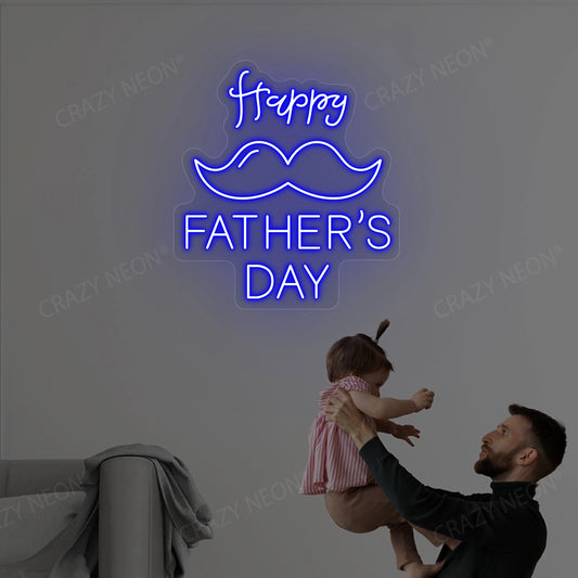 Happy Father's Day With Mustache Neon Sign | Blue