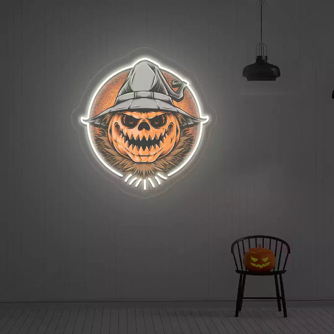 Witch Pumpkin Scarecrow Neon Artwork  | White