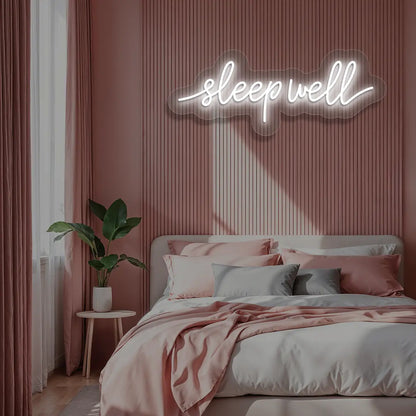 white sleepwell neon sign mounted on a wall