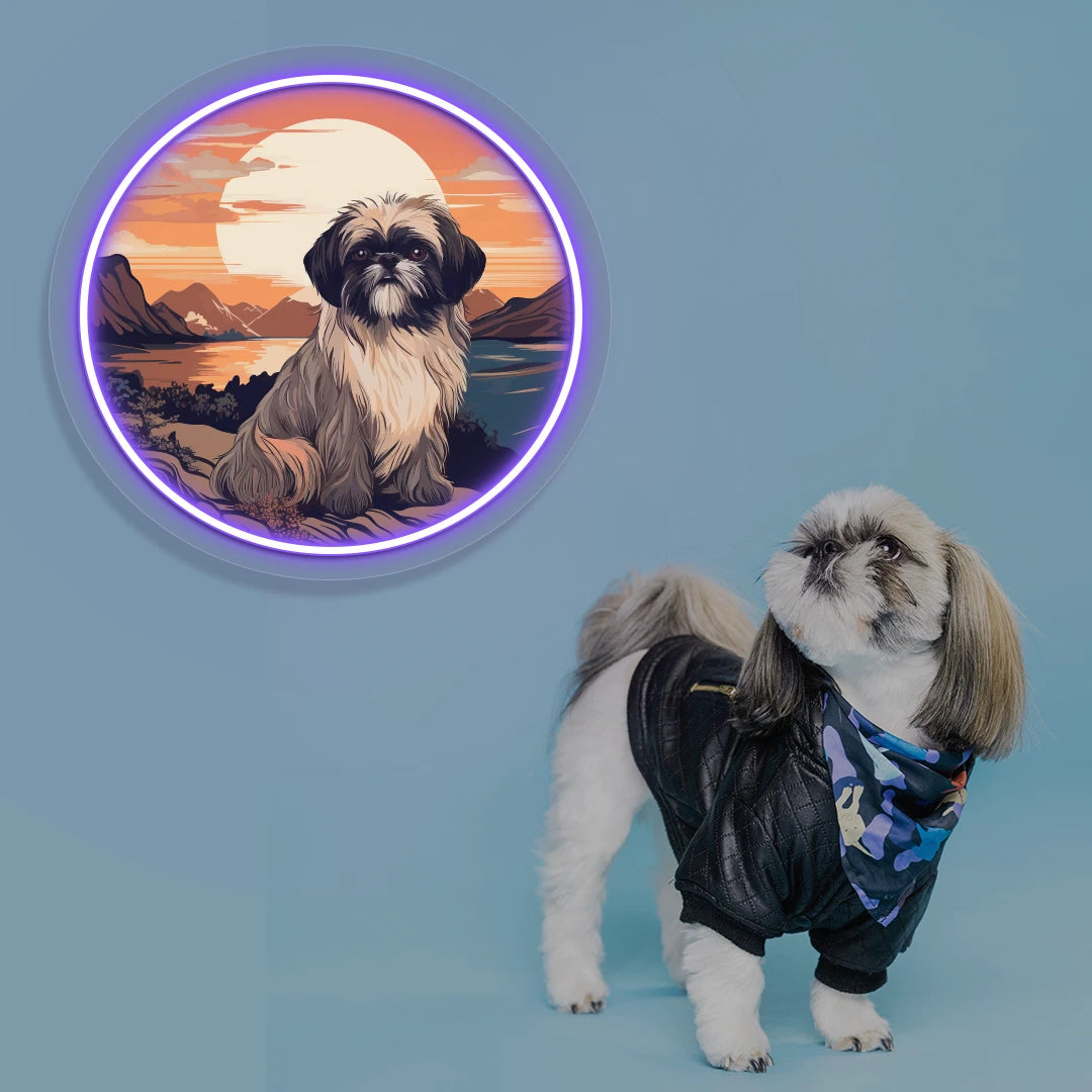 Sunset Lake Shih Tzu Portrait Neon Artwork in purple color