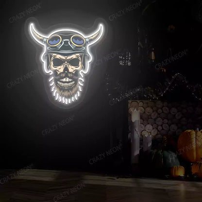 Biker Skull Neon Sign | White