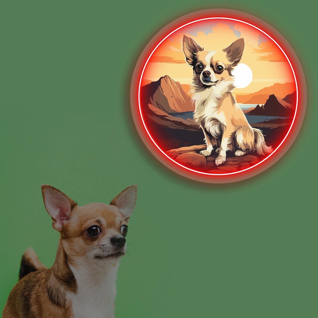 Sunset Canyon Long Coat Chihuahua Neon Artwork in red color
