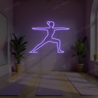 Virabhadrasana II Yoga Neon Sign lighting up in purple color in a yoga room