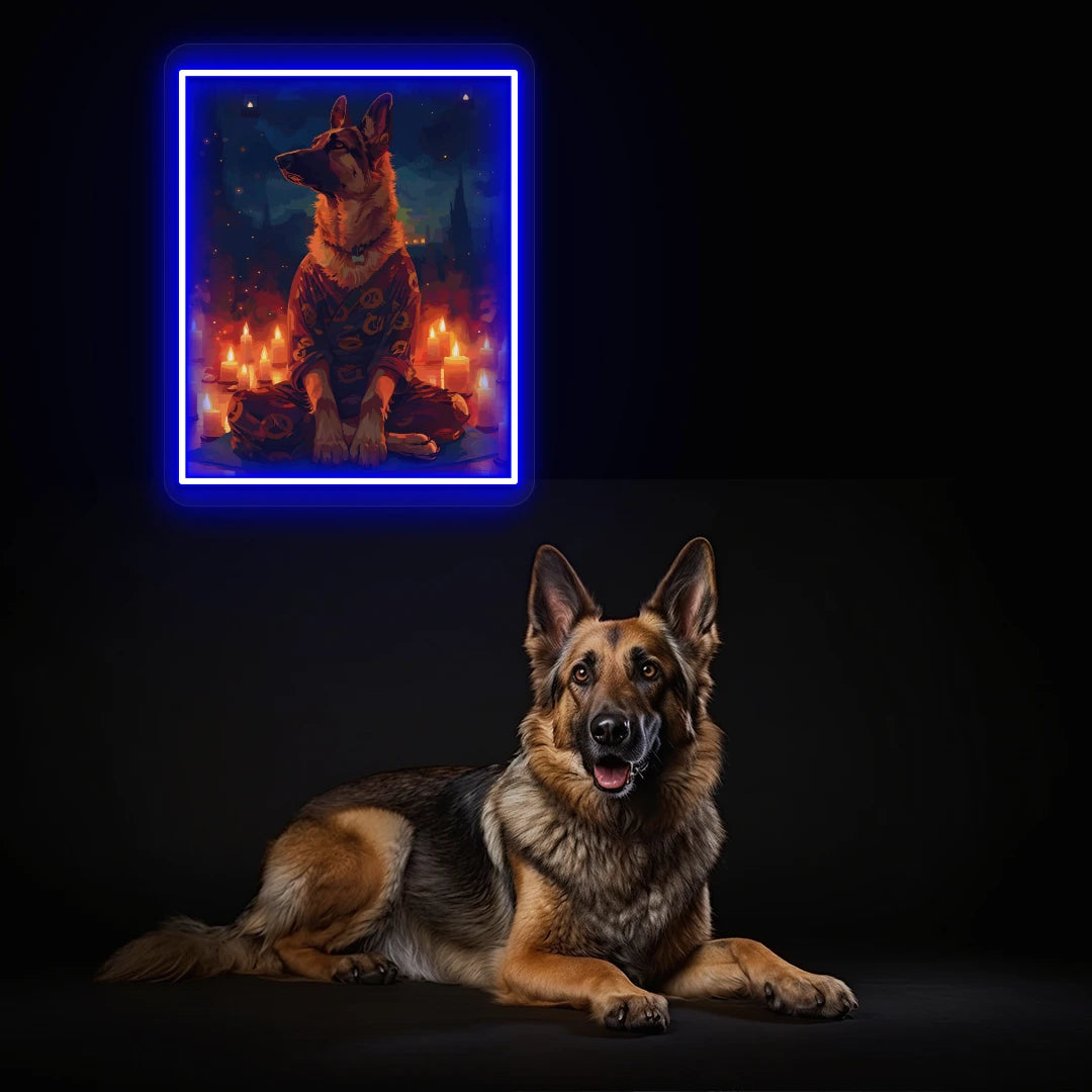 Candlelight Zen German Shepherd Neon Artwork in Blue Color