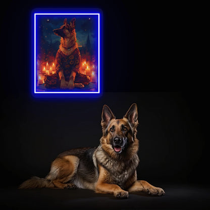 Candlelight Zen German Shepherd Neon Artwork in Blue Color