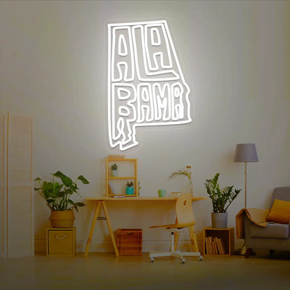 ALABAMA Map Neon Sign lighting up in white color in a room