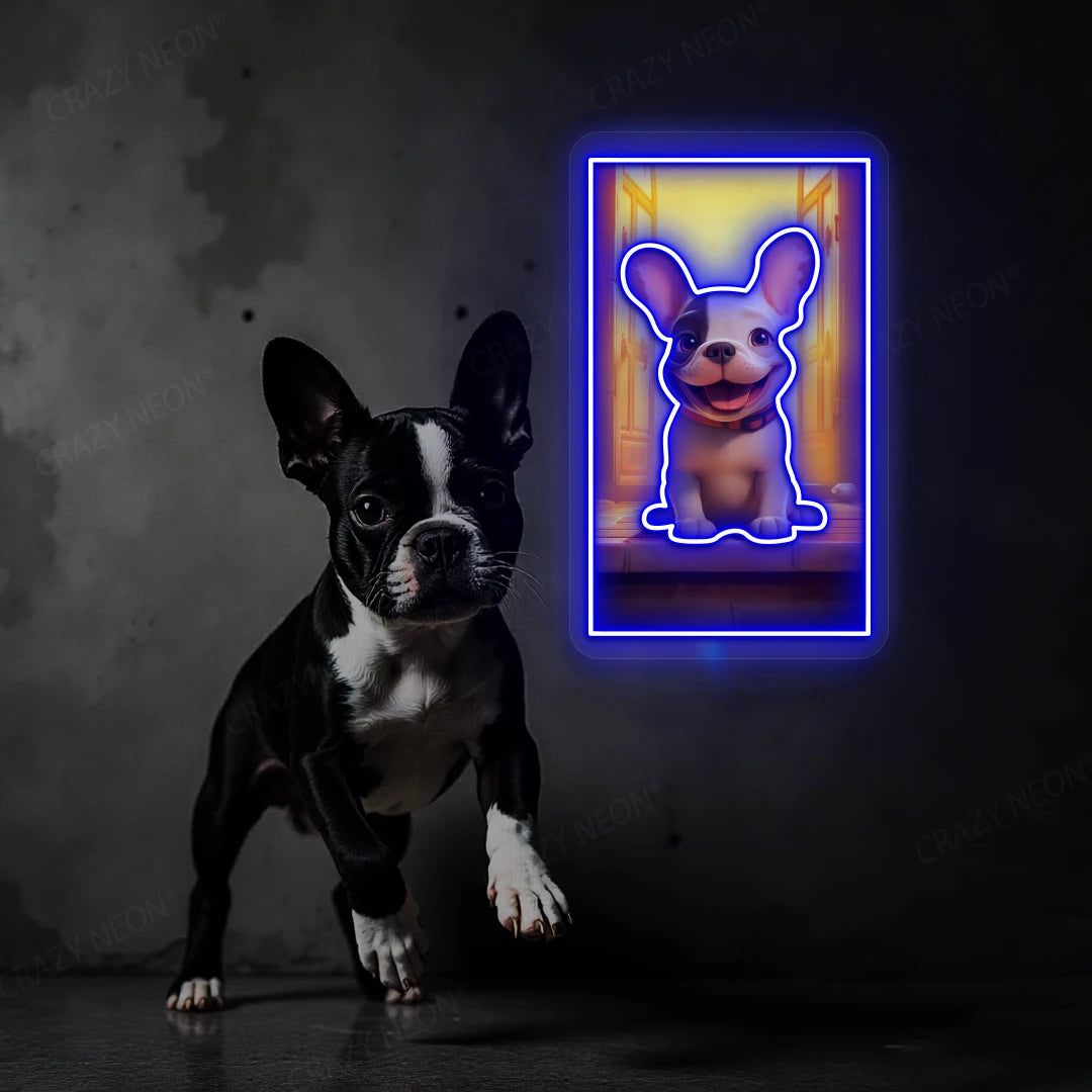 Happy French Bulldog Neon Artwork in Blue Color