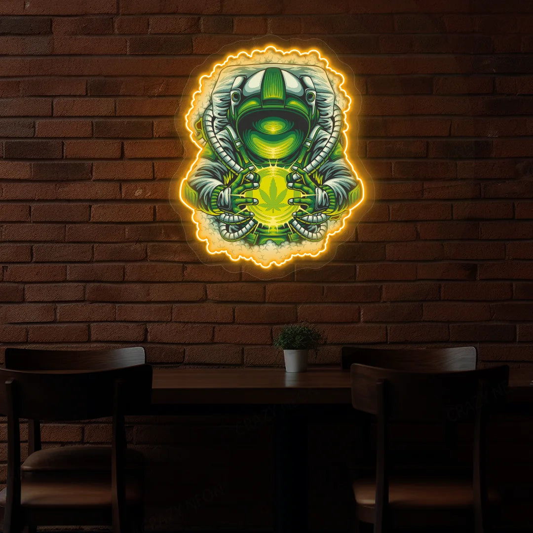 Cosmic Weed Astronaut Neon Artwork in Orange Color