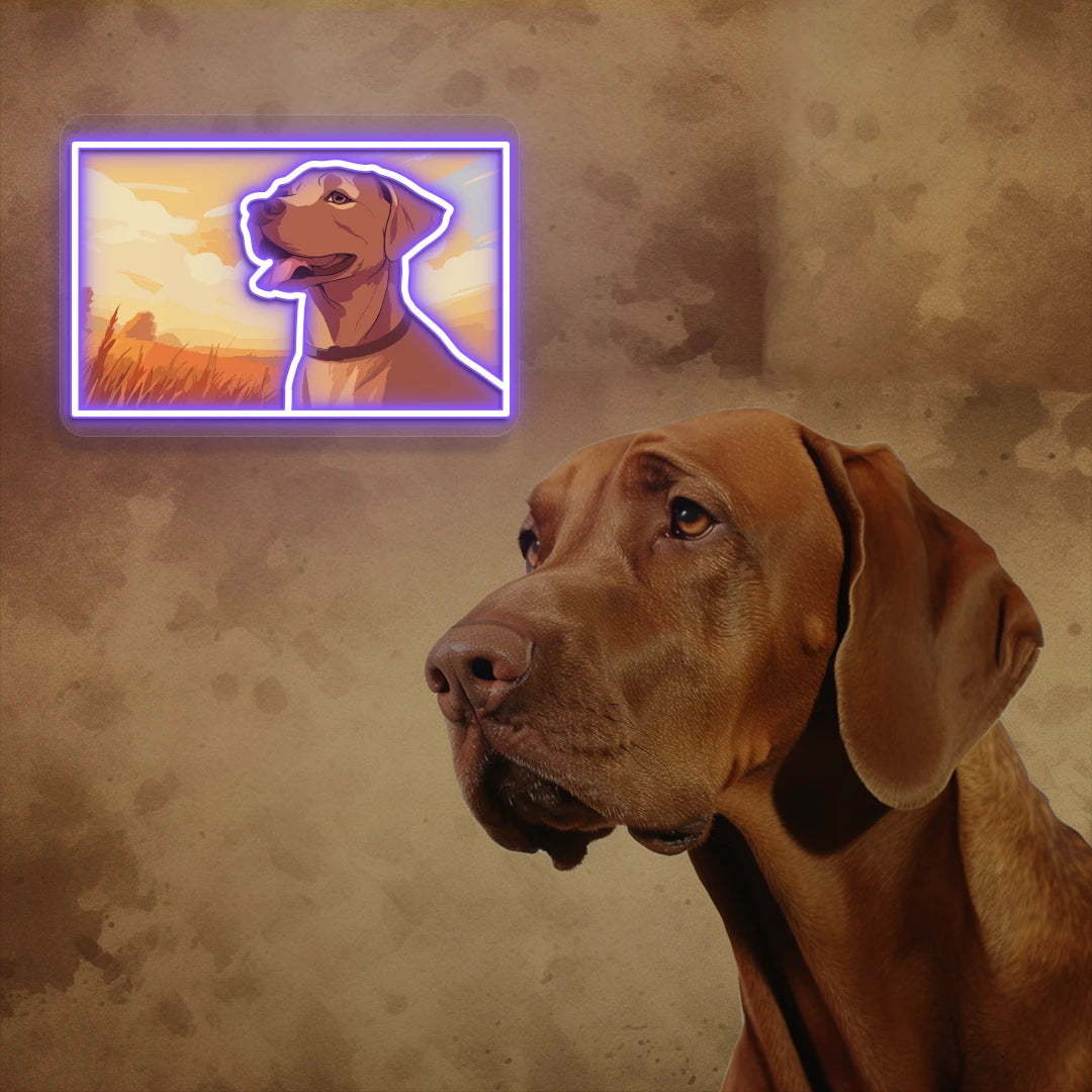 Sunset Field Vizsla Dog Neon Artwork in Purple color