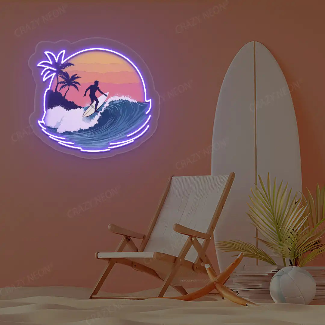 purple surfer wave palm tree neon artwork mounted on a wall