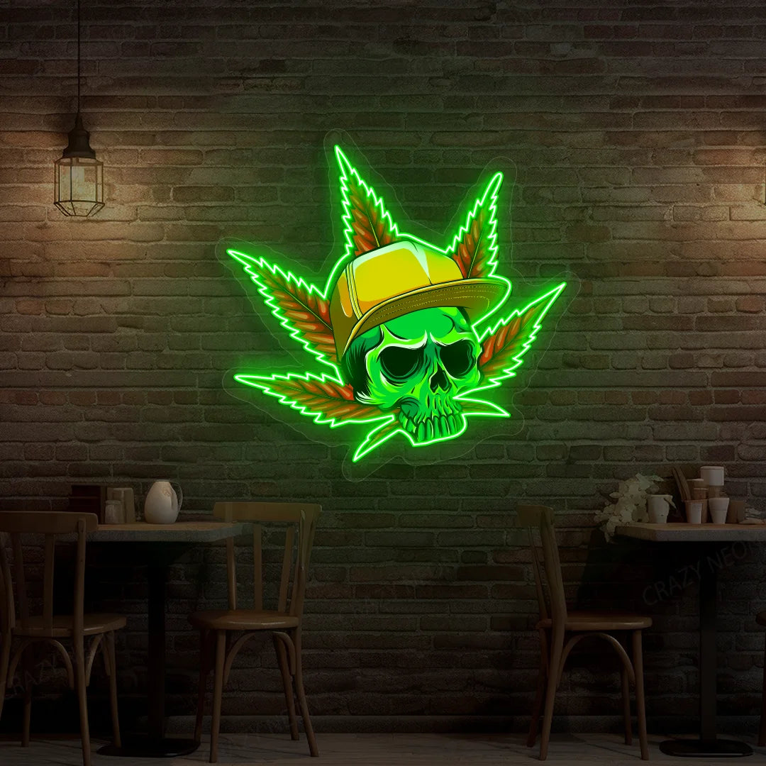 Skull Cap Weed Leaf Neon Artwork in Green Color