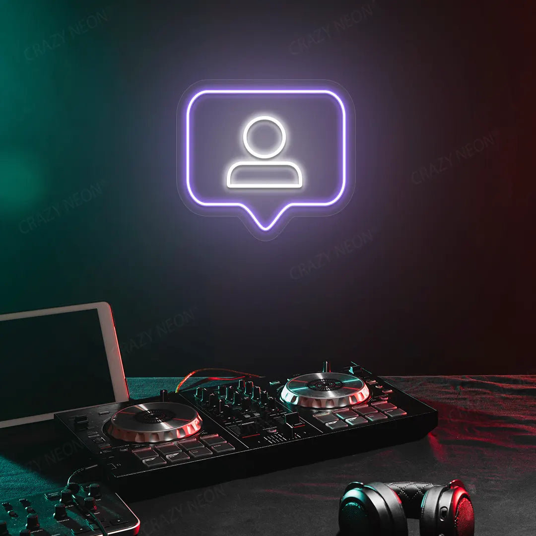 Profile Icon Box Neon Sign in purple color mounted on a Wall 