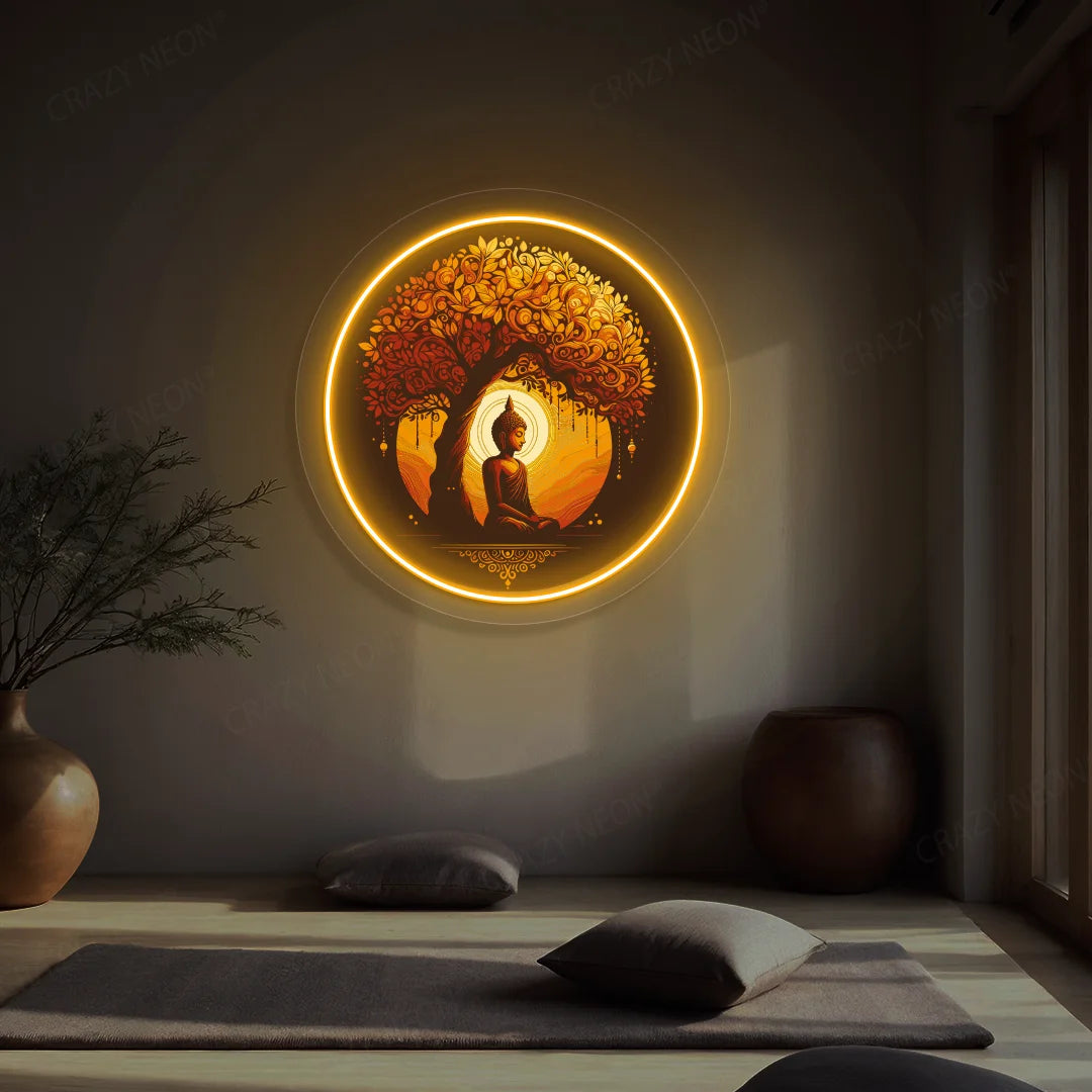 Golden Bodhi Buddha Neon Artwork lighting up in orange color in a yoga room
