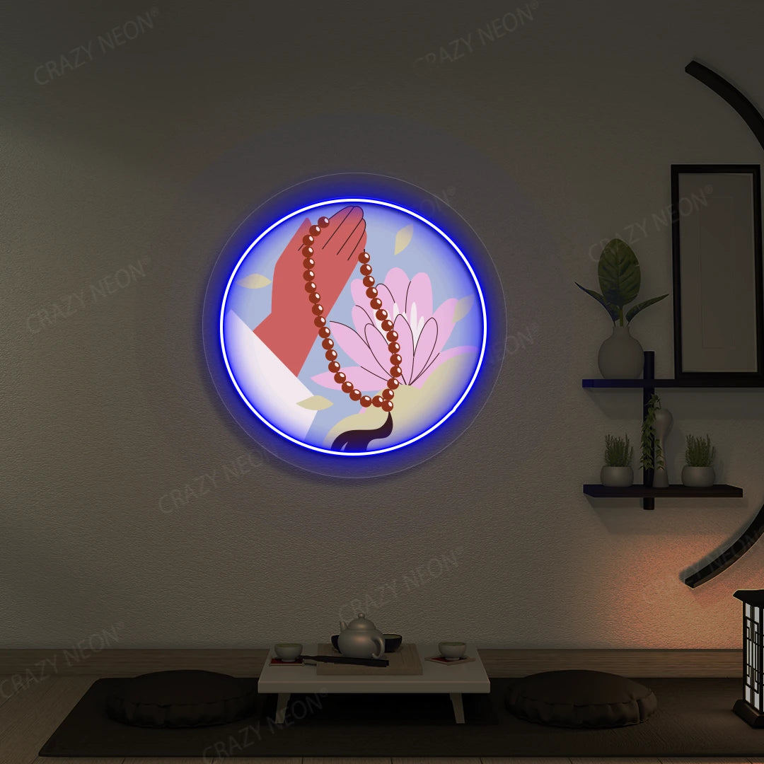 Lotus Japa Neon Artwork lighting up in blue color in a yoga room