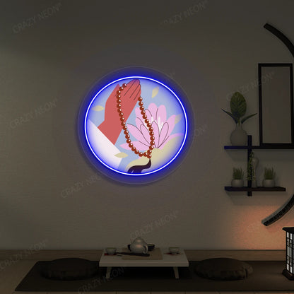Lotus Japa Neon Artwork lighting up in blue color in a yoga room