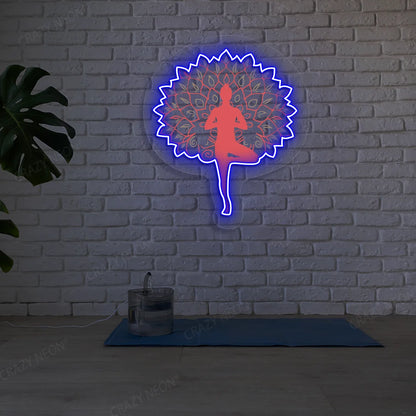 Mandala Yogi Harmony Tree Pose Yoga Neon Artwork lighting up in blue color in a yoga room