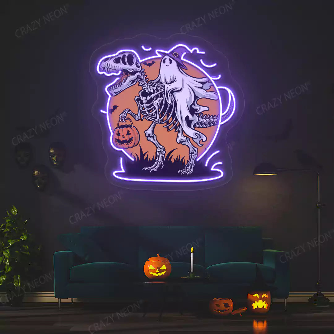 Spooky Dino Rider Neon Artwork | Purple