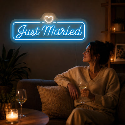 Just Married Heartbound Wedding Neon Sign on wall