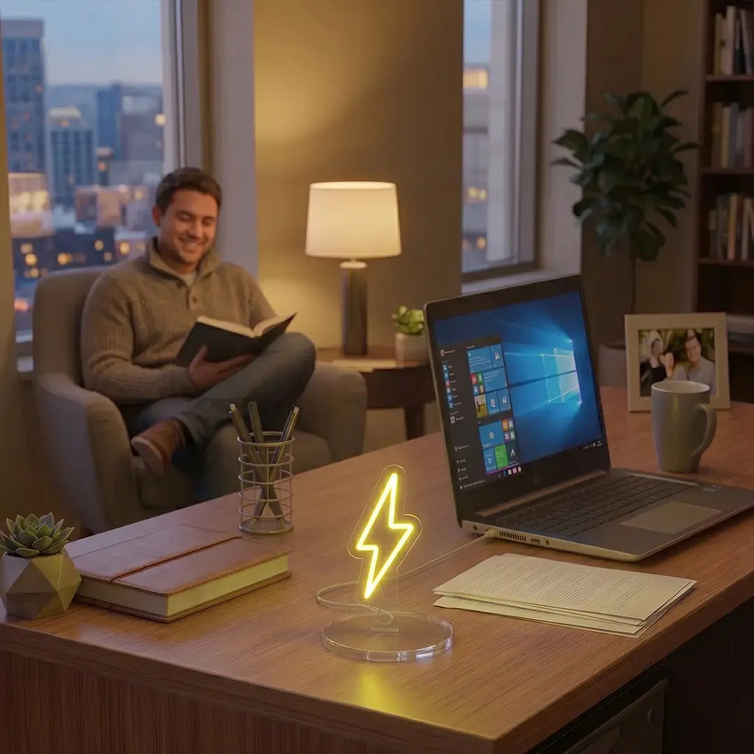 Lightning bolt neon lamp on a modern desk beside a laptop, creating a warm and productive workspace while a man relaxes with a book in the background.