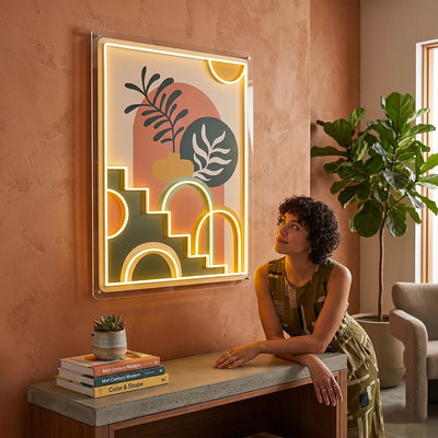 Boho Botanical Staircase Abstract Neon Artwork in Yellow color