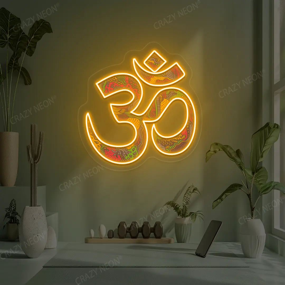 Psychedelic OM Neon Artwork lighting up in orange color in a yoga room