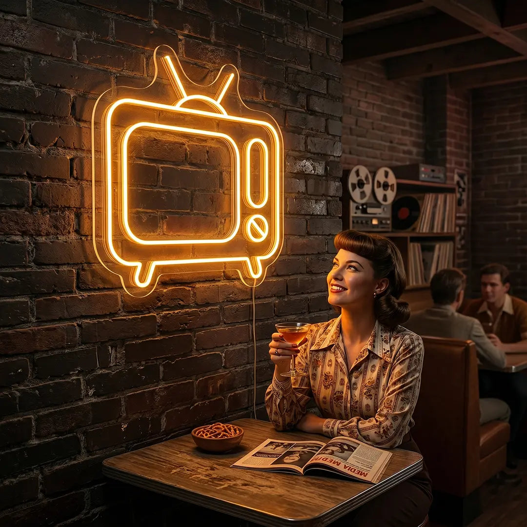 orange retro tv vintage neon sign mounted on a wall