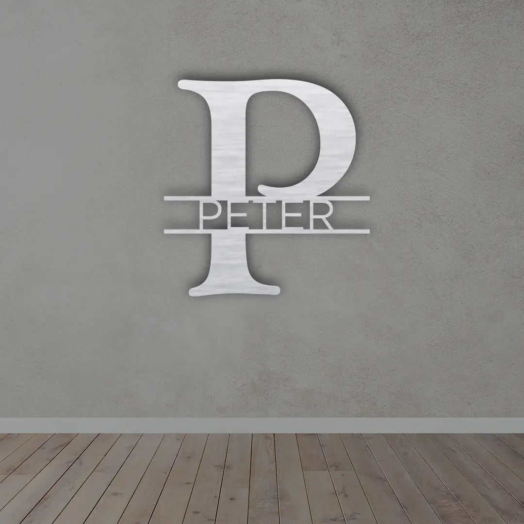 Personalized Metal Monogram Name Sign in Silver colour mounted on wall 