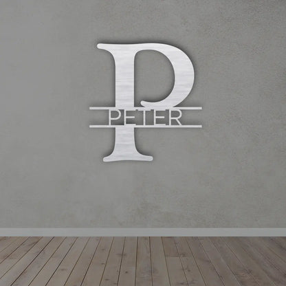 Personalized Metal Monogram Name Sign in Silver colour mounted on wall 