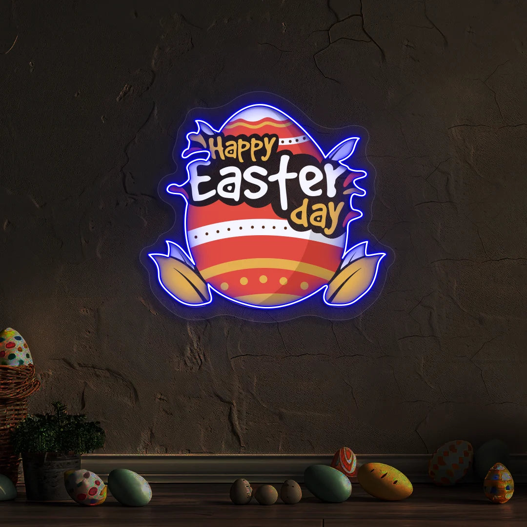 Happy Easter Day Egg Neon Artwork in Blue Color
