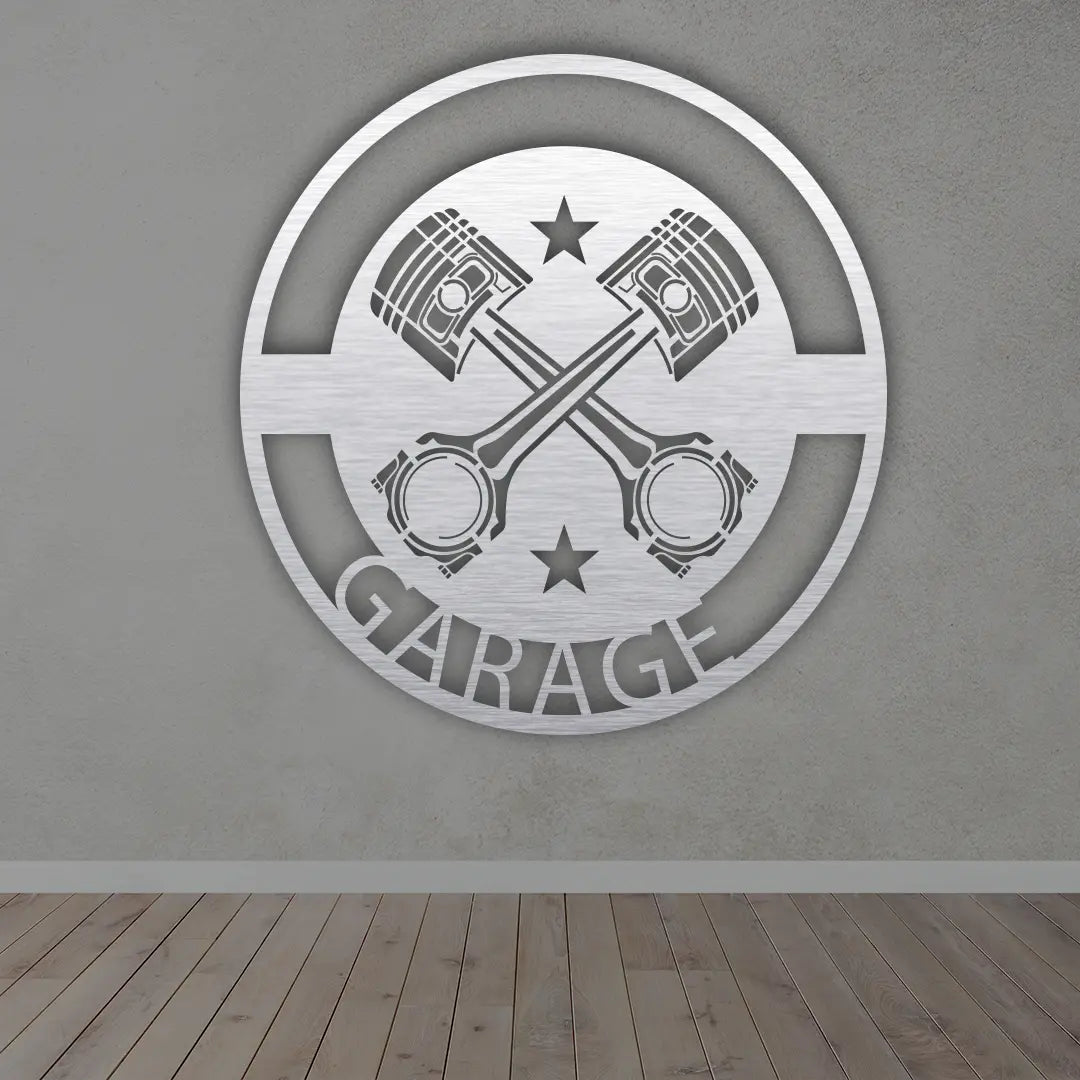 Dad's Garage Metal Name Plates in Silver colour mounted on wall