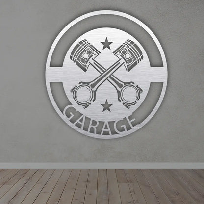Dad's Garage Metal Name Plates in Silver colour mounted on wall