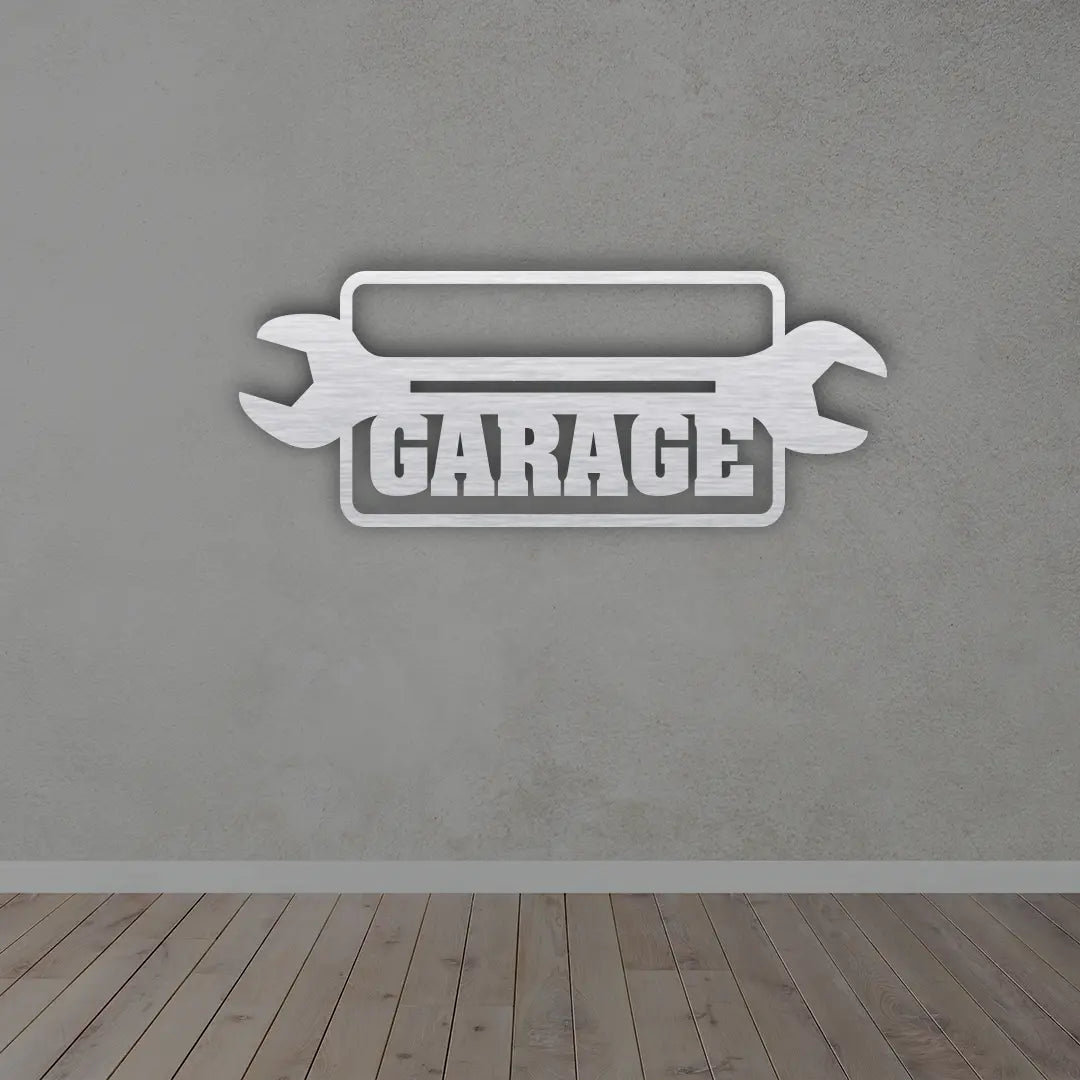 Custom Metal Signs Garage in Silver colour mounted on wall 