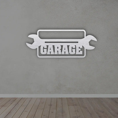 Custom Metal Signs Garage in Silver colour mounted on wall 