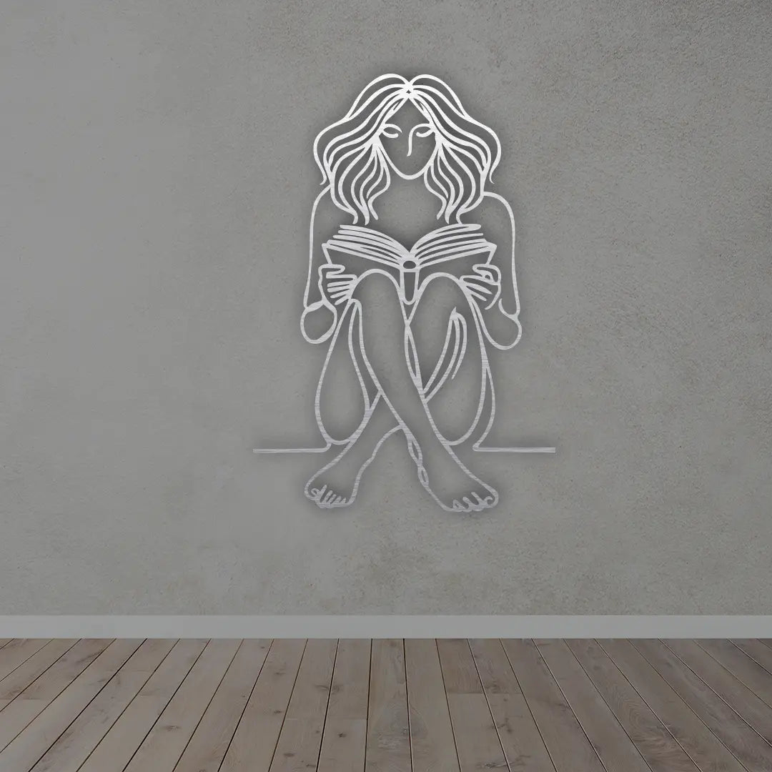Bookish Girl Minimalist Line Art in Brush silver finish
